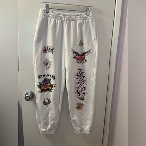 Ed Hardy Forever 21 Large Collab White Sweatpants with Vibrant Graphics EUC